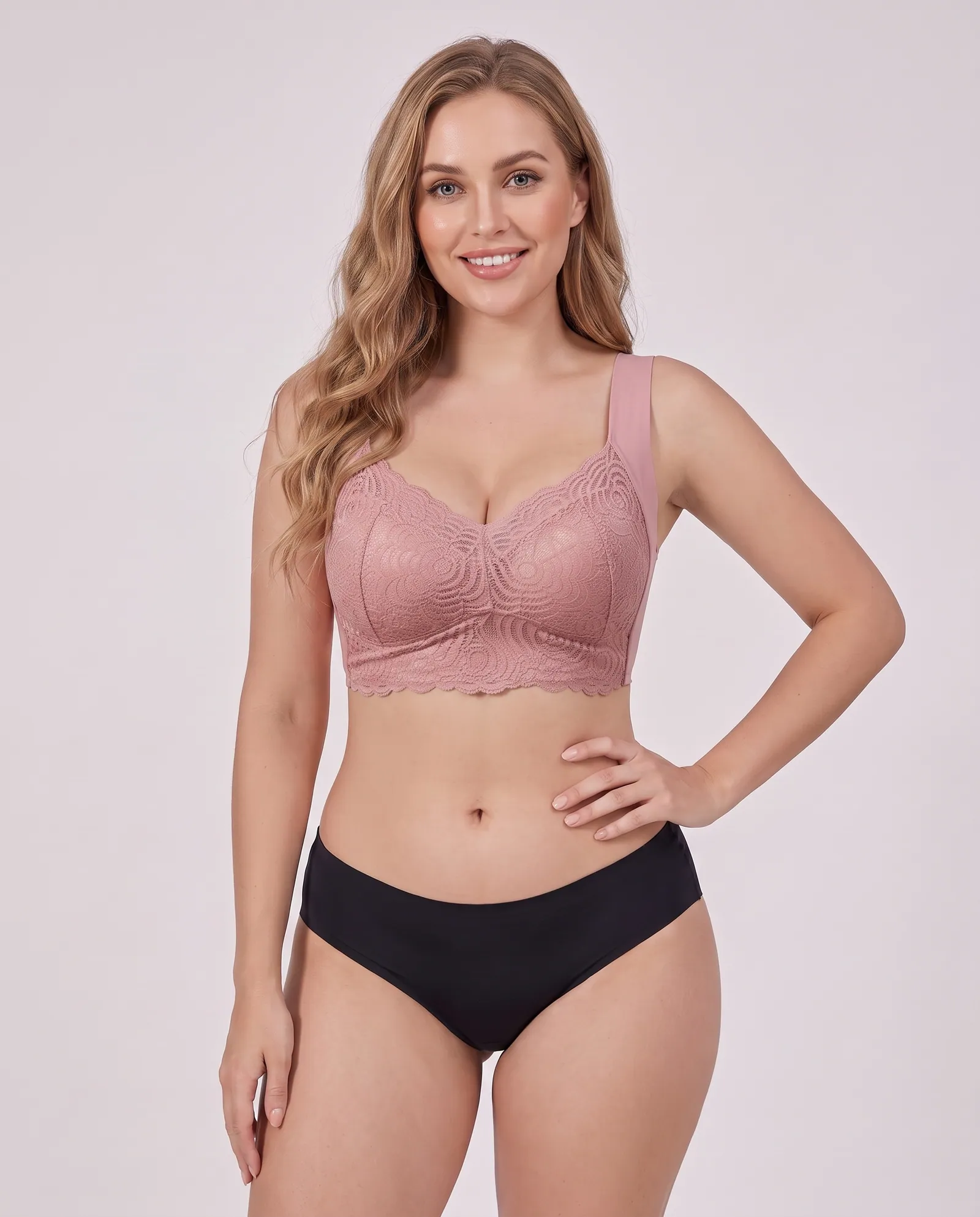 The Flatterer Bra in Pink, front view on model