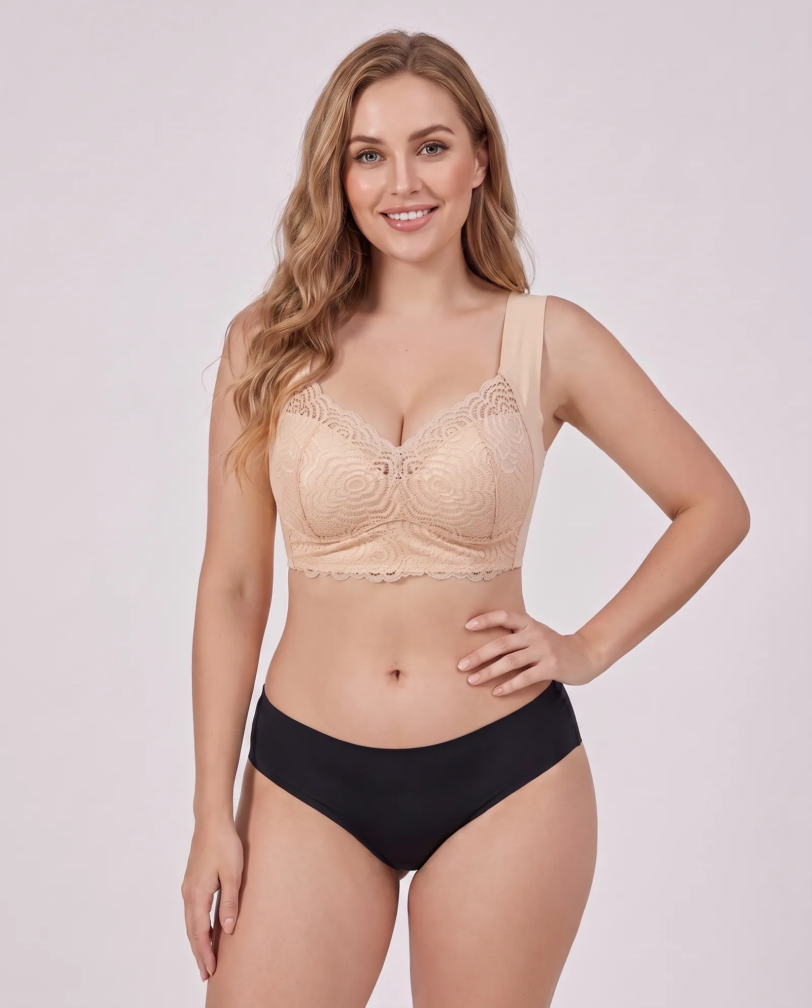 The Flatterer Bra in Beige, front view on model