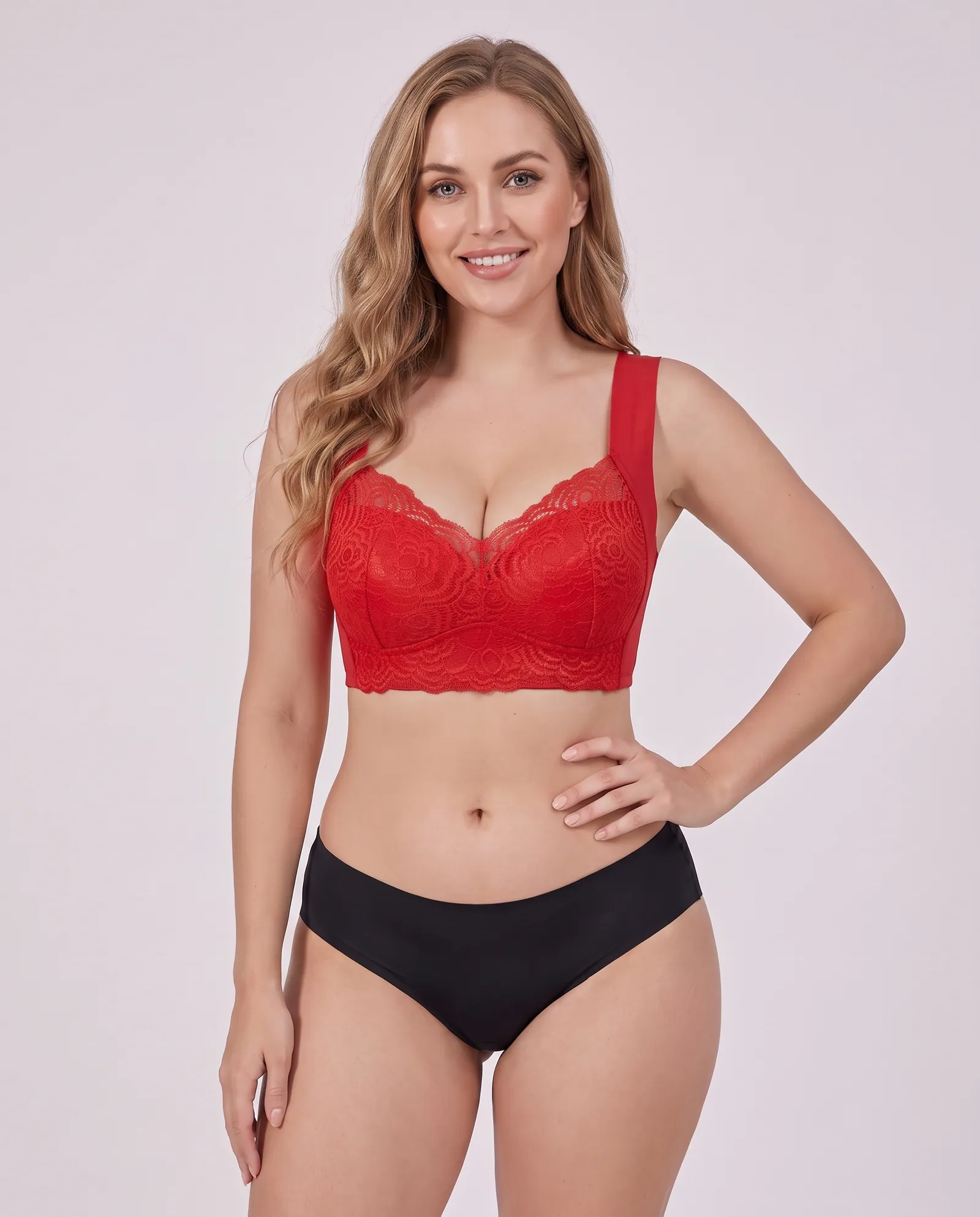The Flatterer Bra in Red, front view on model