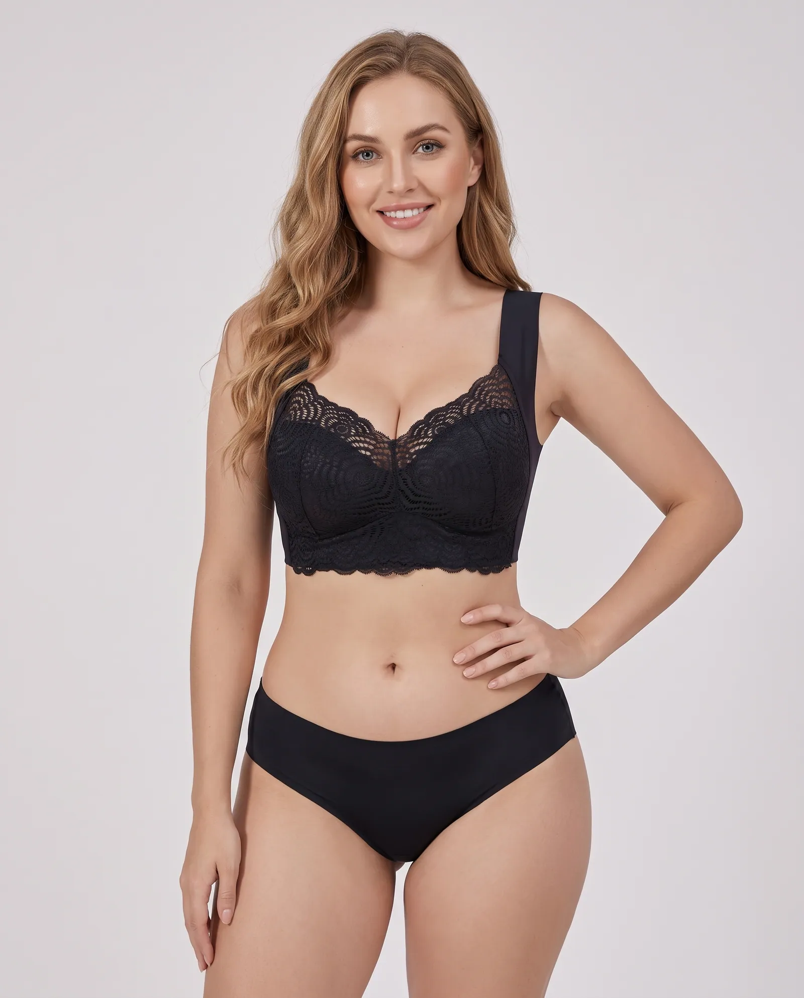 The Flatterer Bra in Black, front view on model