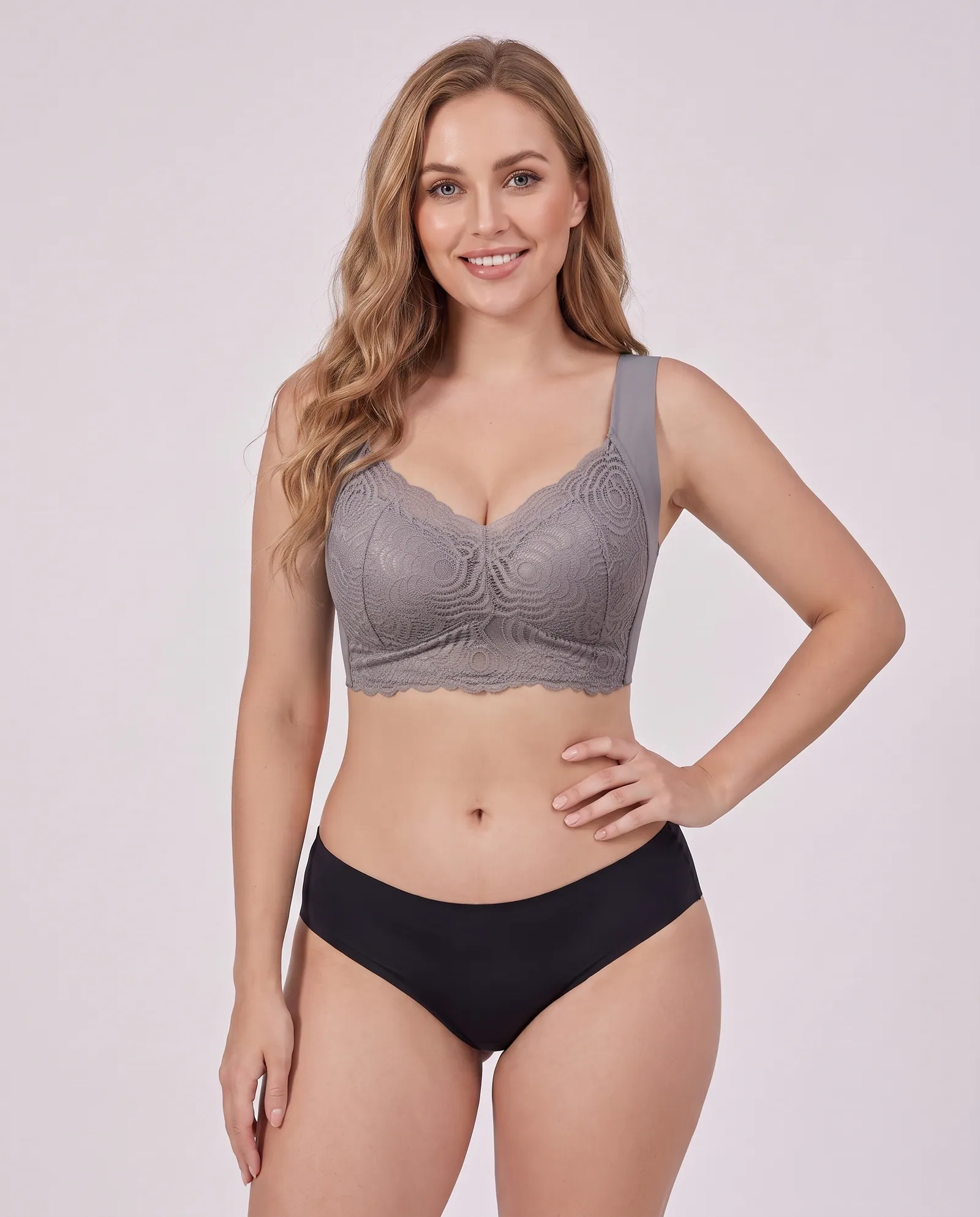 The Flatterer Bra in Gray, front view on model