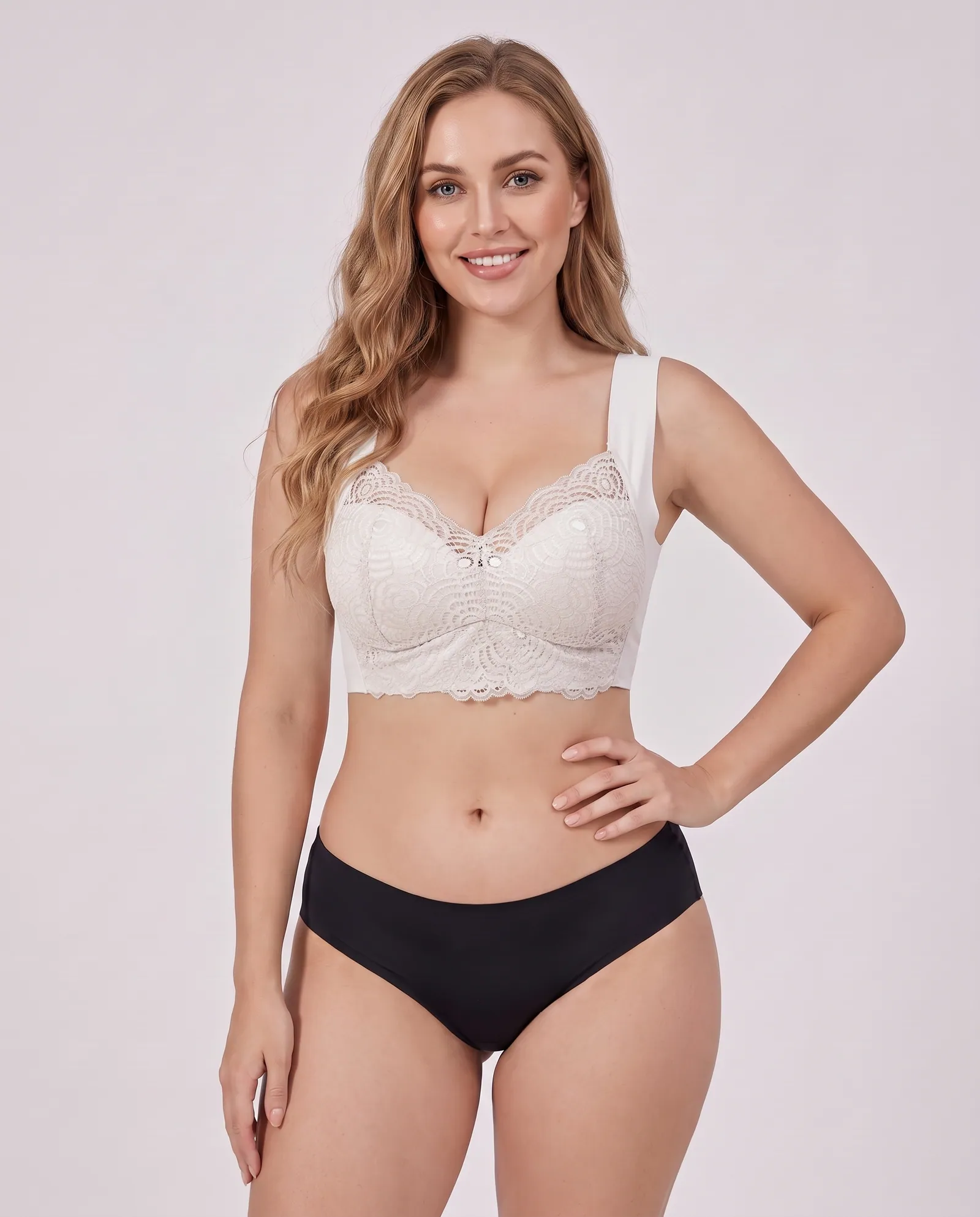 The Flatterer Bra in White, front view on model