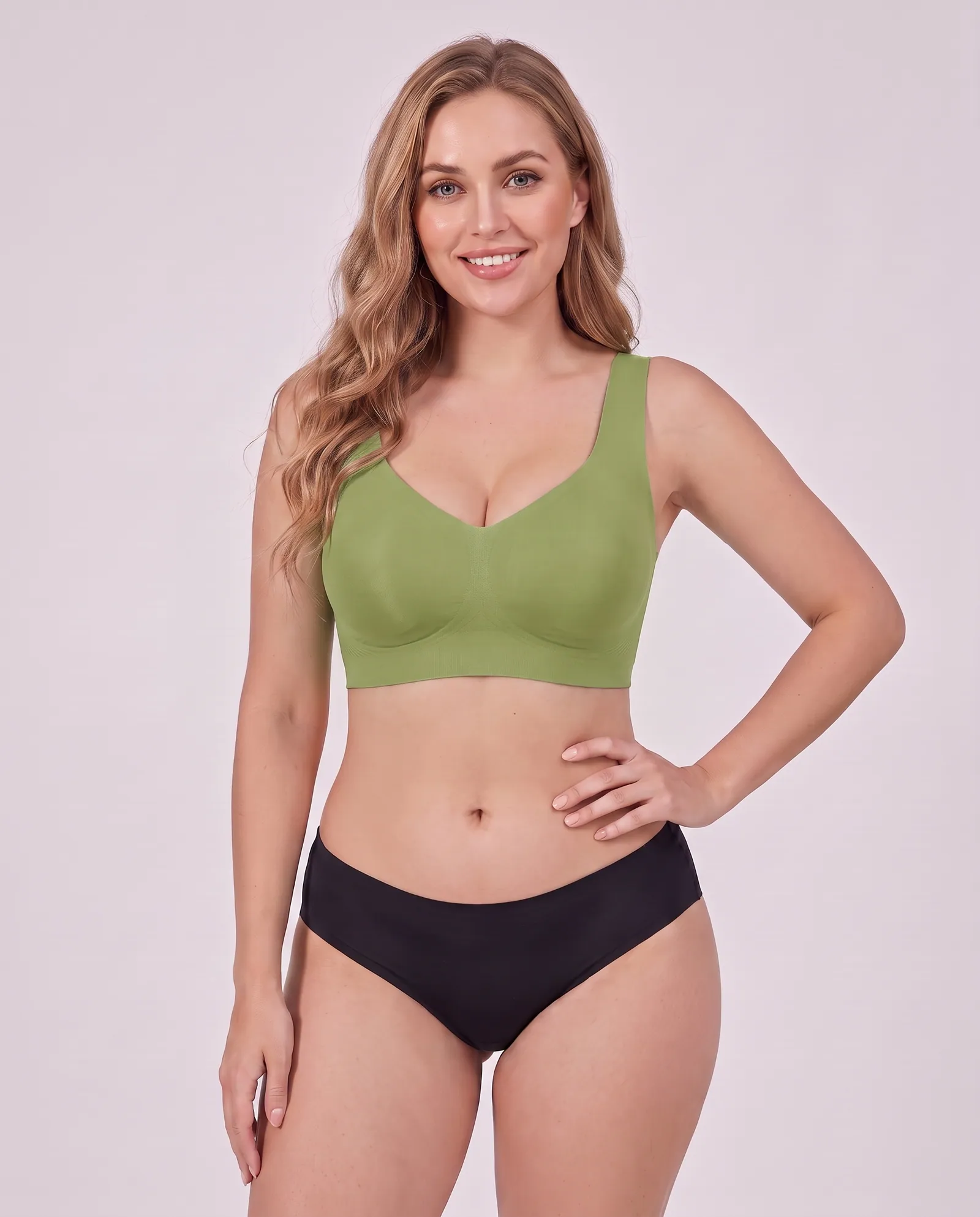 The PerkUp Jelly Bra in Green, front view on model