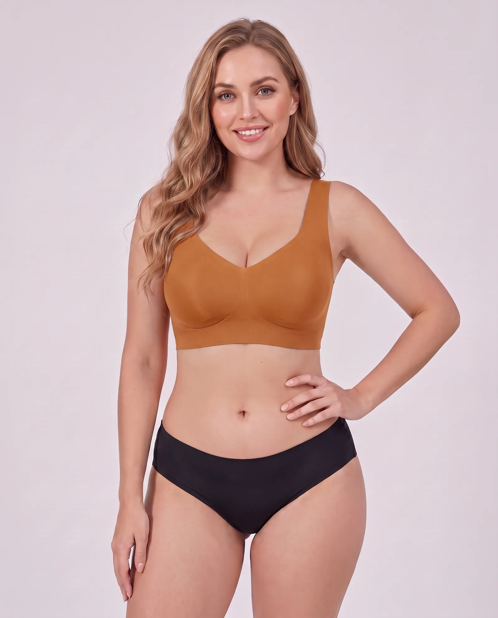 The PerkUp Jelly Bra in Caramel, front view on model