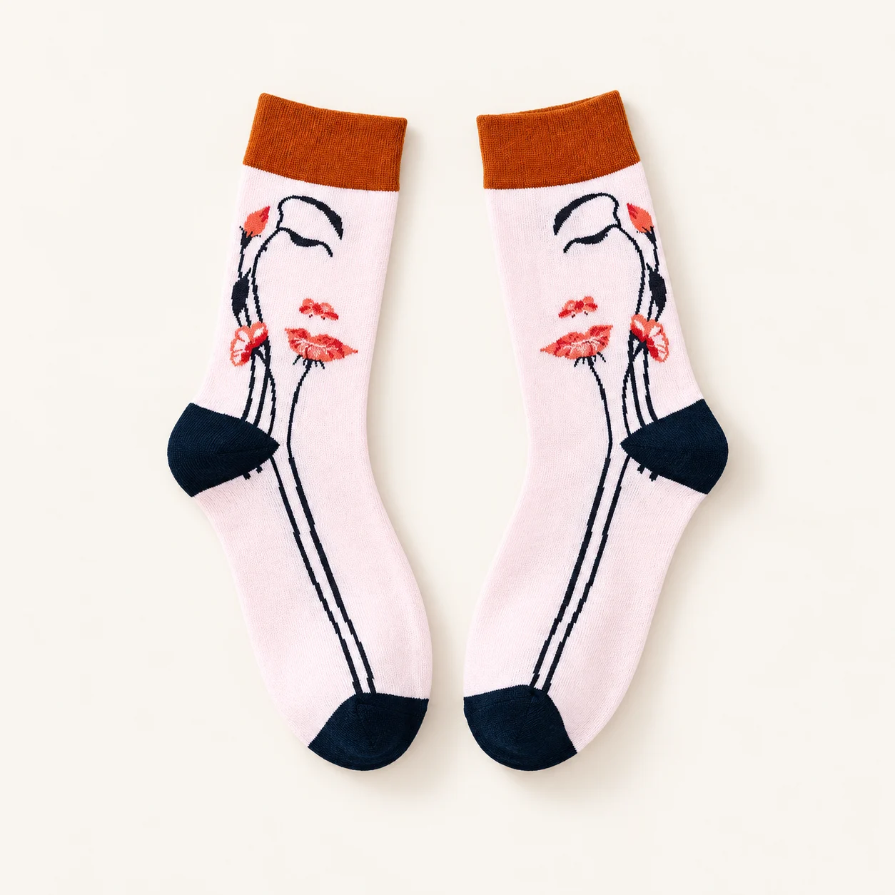 Pale pink Flower Girl Socks with coral flowers, orange cuffs and dark heels and toes