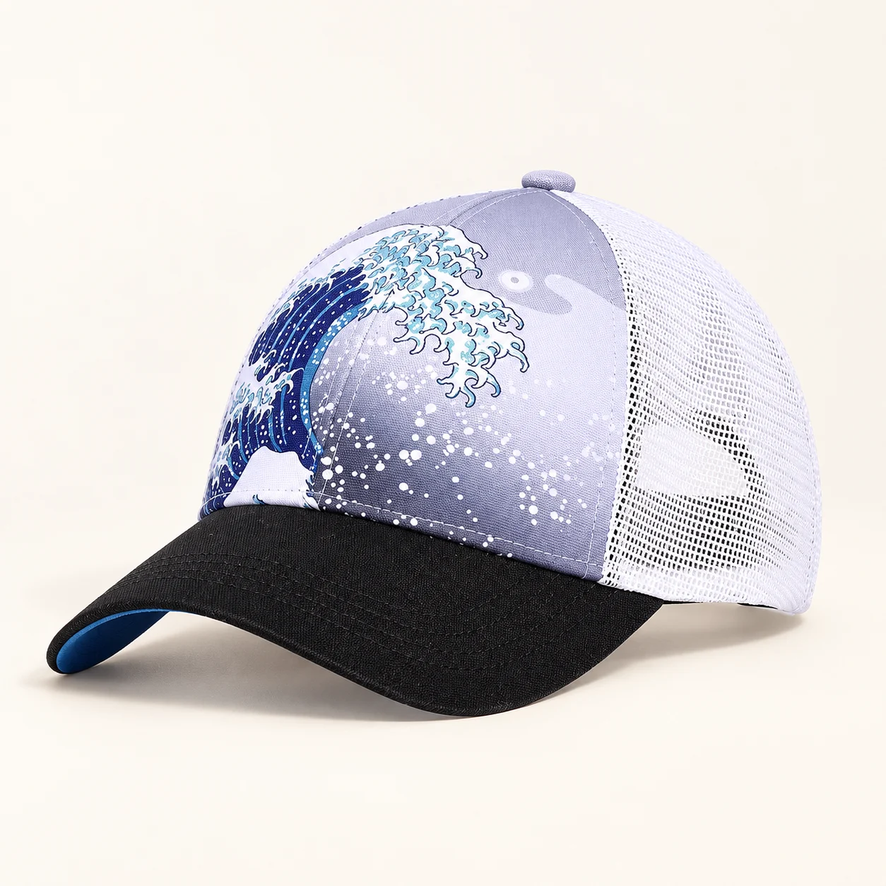 Retro Wave Cap with blue wave print, white mesh back and a curved black bill