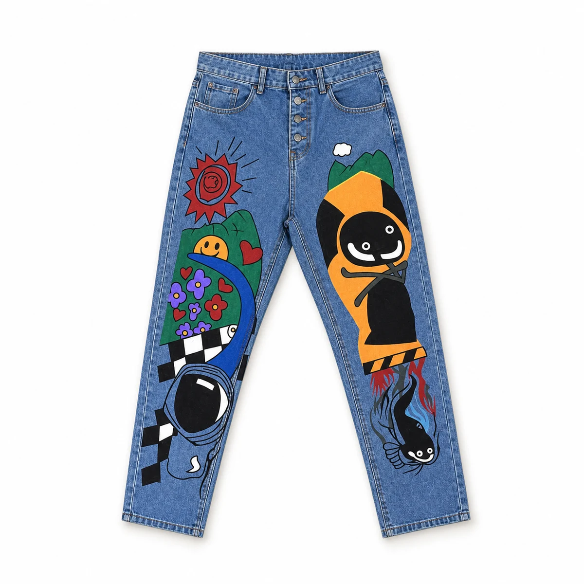 Blue button-fly jeans with colorful character, sun, flower and checkerboard graphics