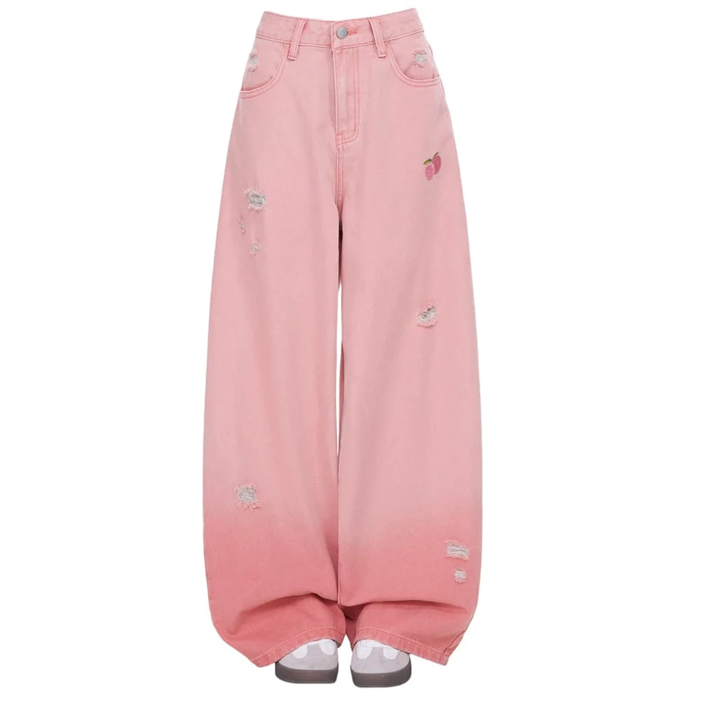 Pink Peaches Embroidery Baggy Jeans — view 1