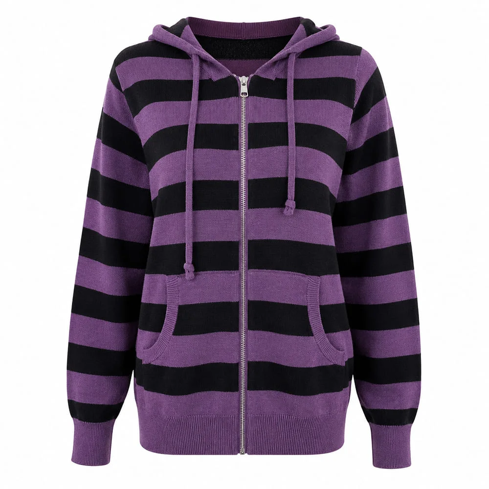 Purple & Black Striped Lightweight Knit Hoodie — view 1