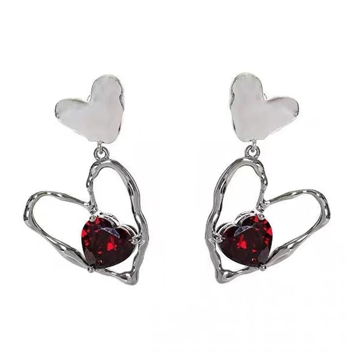 Red Stone Heart Earrings — view 1