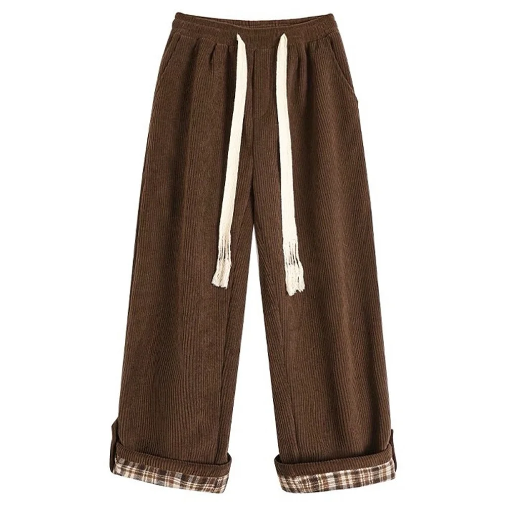 Cord Wide-Leg Pants with Plaid Cuffs — view 1